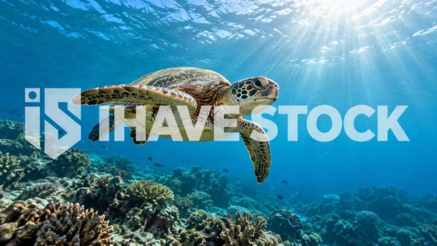 Sea turtle underwater coral reef royalty-free nature stock photo