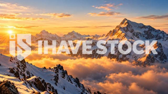 High-resolution snowy Alps mountain stock photo at golden sunrise
