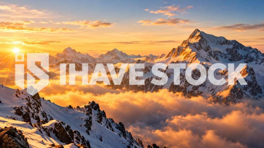 High-resolution snowy Alps mountain stock photo at golden sunrise