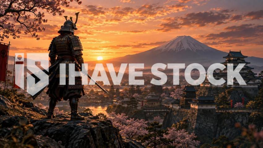 Samurai warrior Japan sunset stock image for album cover artwork
