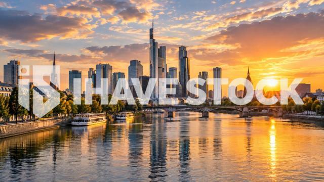 Modern city skyline stock photo at golden sunset
